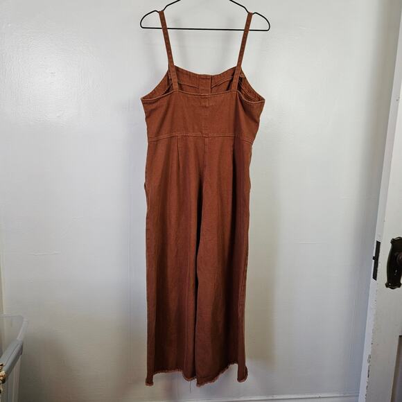 Wishlist Denim Wide Leg Overalls Jumpsuit L Rust Brown Cropped Raw Hem - Picture 7 of 12